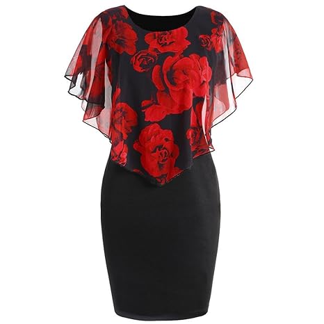 VEMOW Elegant Damen Schlauchrock Casual Plus Size Rose Print Schmetterlingshülse Chiffon O-Neck Rüschen Minikleid