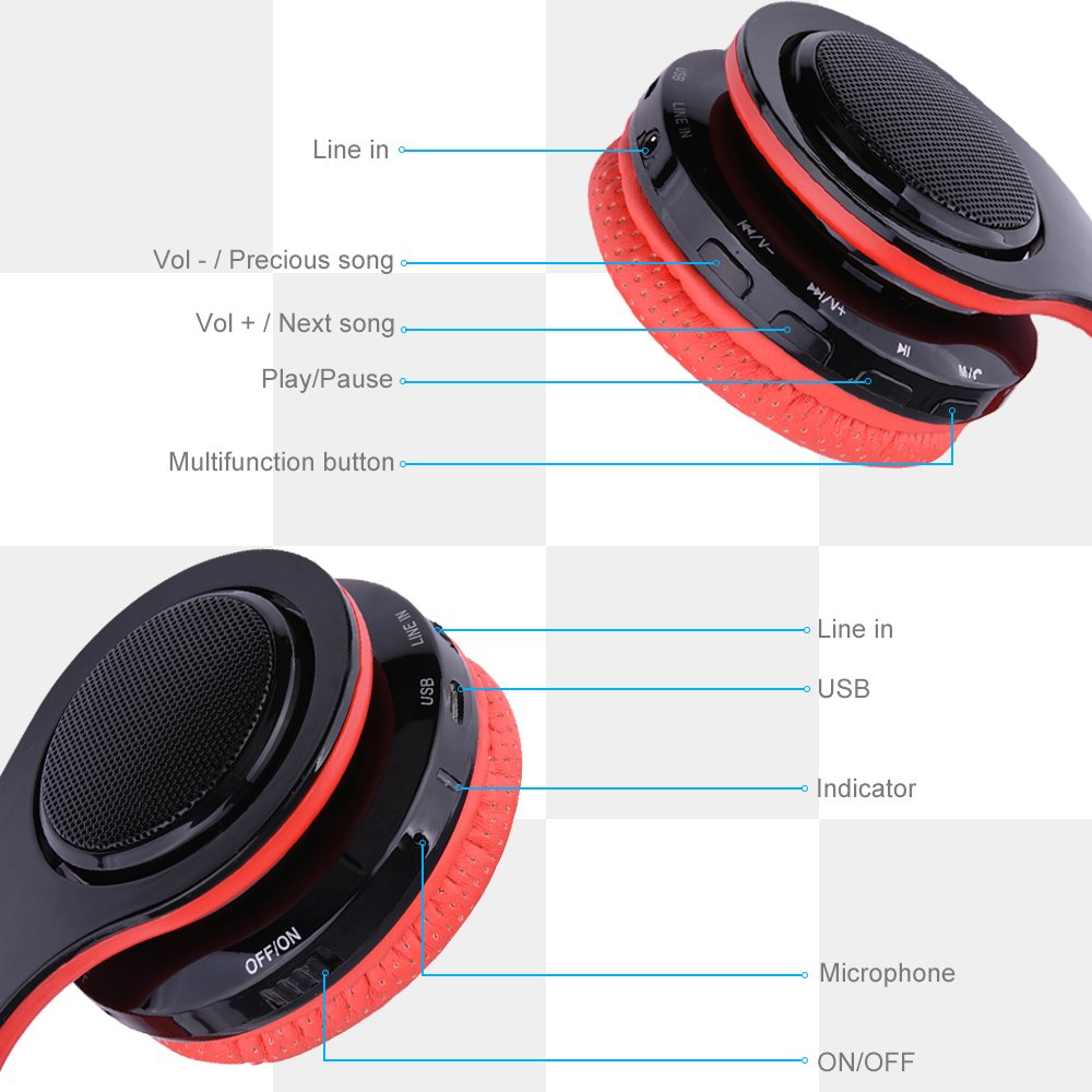 Ecandy Bluetooth Headphones w/Led Wireless/Wired Stereo Music Foldable Over-ear Hifi Sound With Microphones Hands-free Handsfree Calling for Iphone 6 6S Plus Samsung,Android Smartphone,Tablet (Red)