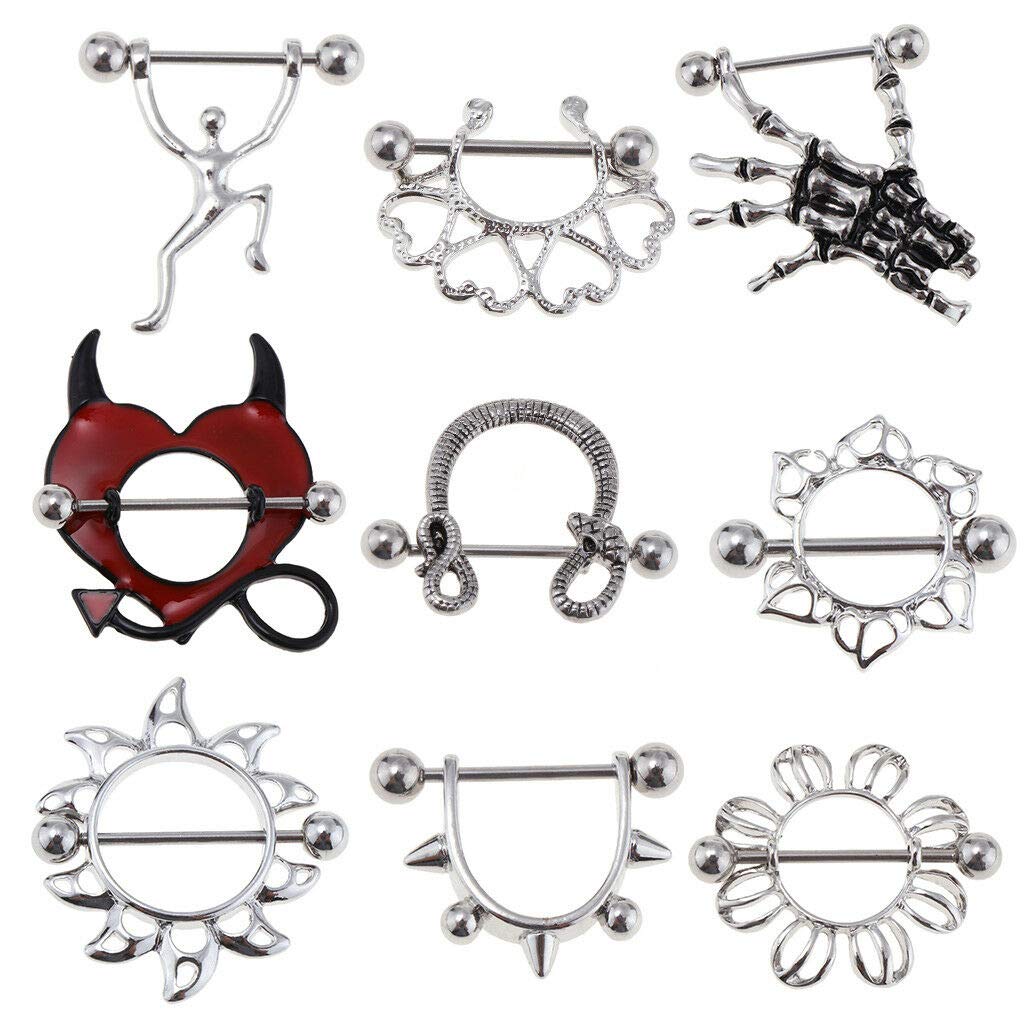9 Pcs 14G Stainless Steel Women Silver Nipples Rings Body