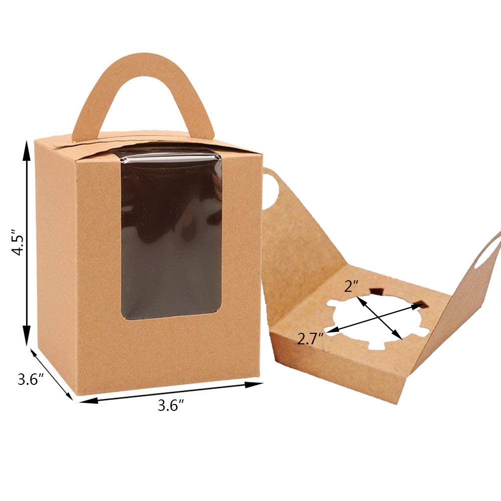 Kraft Cupcake Boxes,50pcs Single Cupcake Carrier with Window Insert and Handle Kraft Pastry Containers Muffins Cupcake Carriers for Bakery Wrapping Party Favor Packing