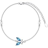 AOBOCO 925 Sterling Silver Butterfly Link Adjustable Bracelet with Birthstone Crystal from Austria, Butterfly Jewelry Gifts for Women 7-9 inches