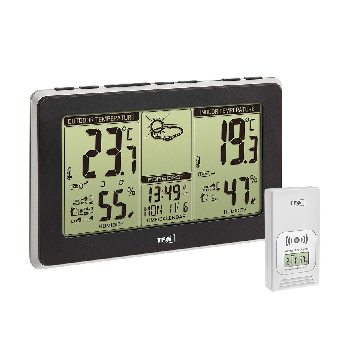 TFA Dostmann wireless weather station Mondo, 35.1151.01, indoor outdoor temperature and humidity, big display, backlight, black
