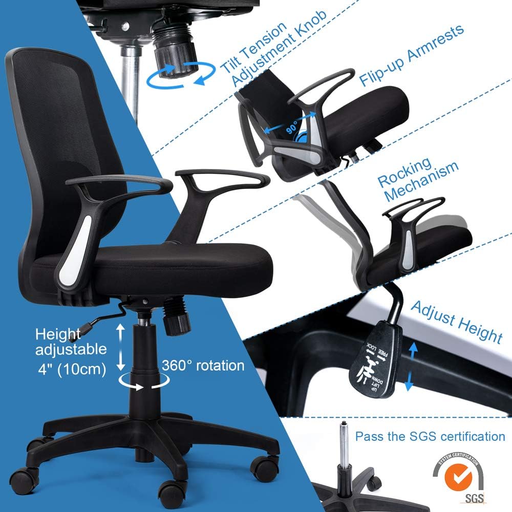 KOLLIEE Mid Back Mesh Office Chair Ergonomic Swivel Black Desk Office Chair Flip Up Armrests with Lumbar Support Adjustable Height Computer Task Chairs: Kitchen & Dining
