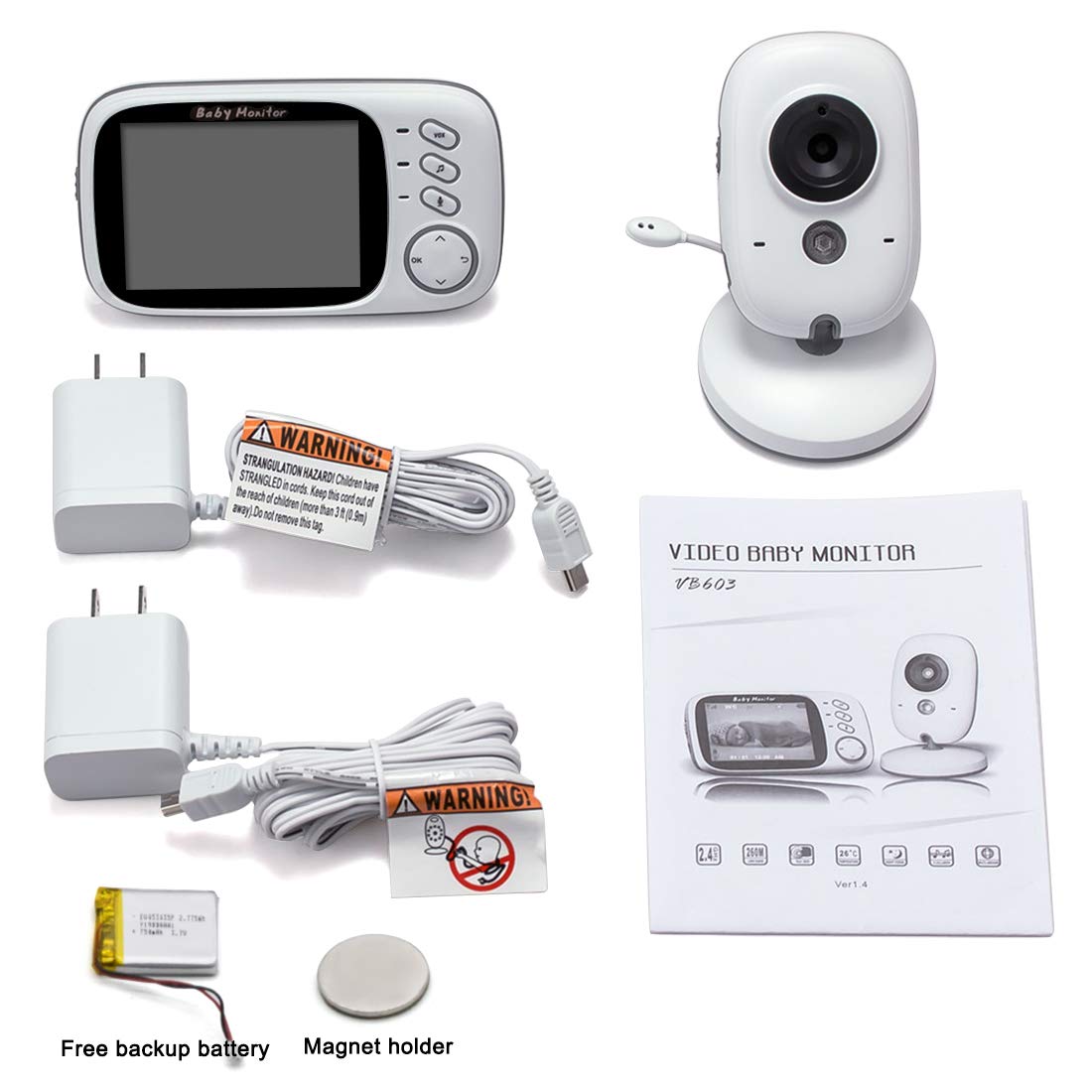 Baby Monitor with Camera 3.2\'\' LCD Baby Security Camera with 2PCS High Capacity Batteries,Magnet Holder,Two-Way Audio,960ft Range,Night Vision,Room Temperature,Lullabies for Baby,Nanny,Elderly,Pet