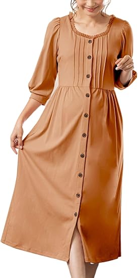 Amazon Co Jp Sweet Mommy マタニティパジャマ ワンピース 前開き シルキーコットン ピンタック 襟レース キャメル M ベビー マタニティ