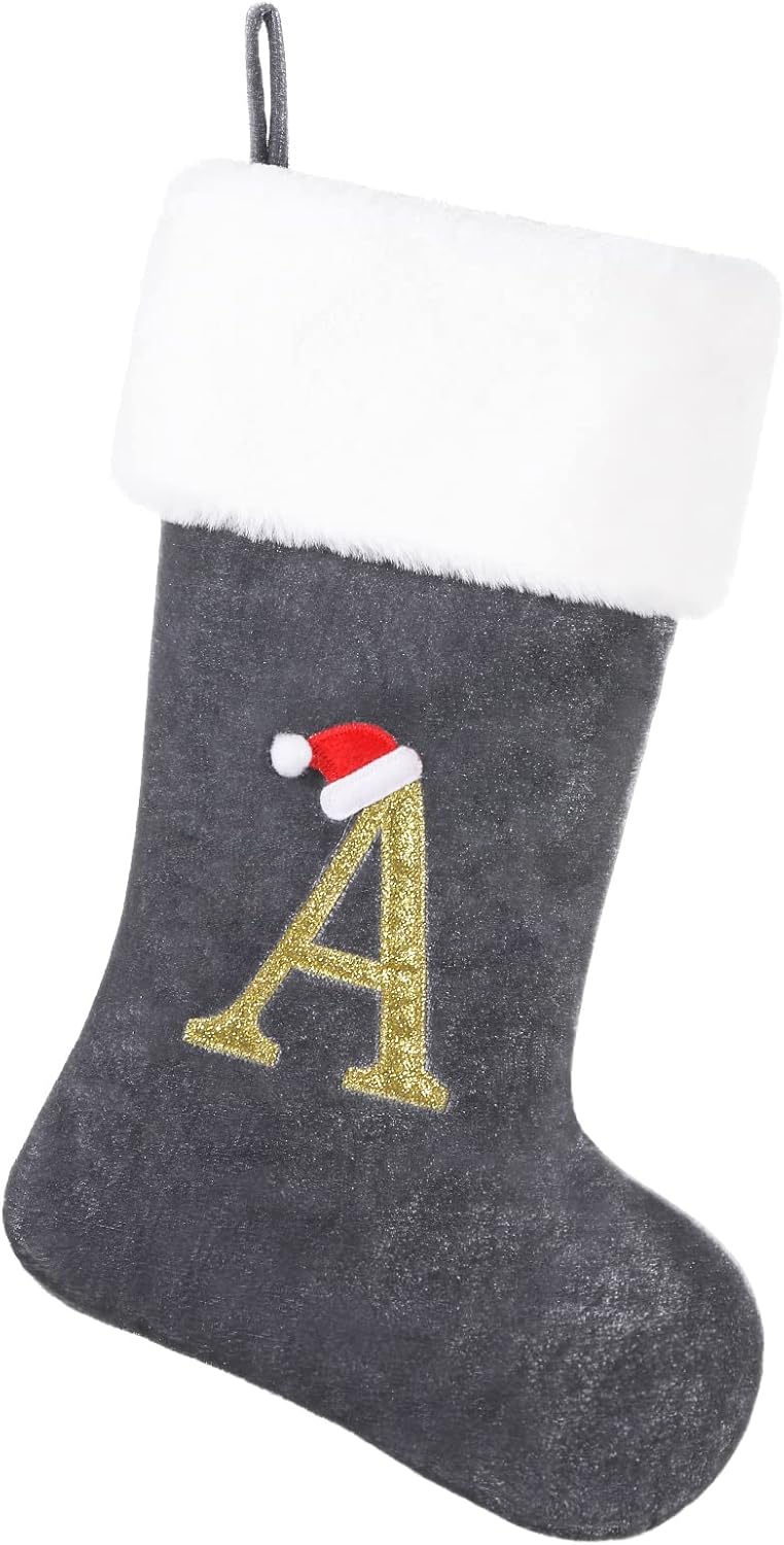 Stockings & Holders - SIRIPHUM 20 Inches Monogram Christmas Stocking Deluxe Grey Velvet Body with Super Soft Plush Cuff Embroidered Letter(A)