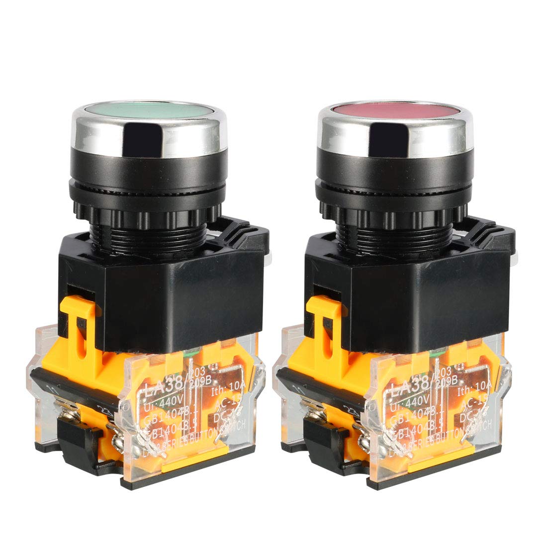 Sourcingmap 2pcs 22mm Mount 10A 380V DPST Red Green Momentary Push Button Switch