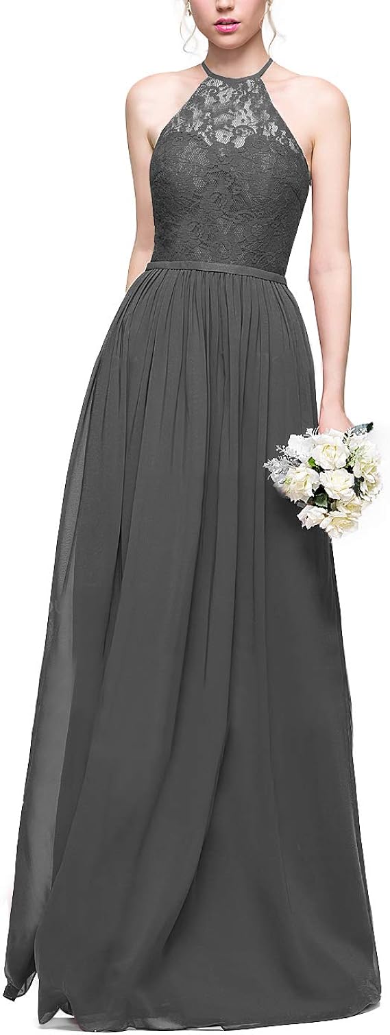 Buy YRAEUN Beach Lace Bridesmaid Dresses Long Halter Grey Chiffon