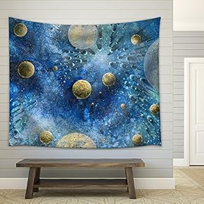 Abstract Picture Showing Lots of Planet-Like Objects in Blue and Green Structured Cosmic Ambiance - Fabric Wall Tapestry Home Decor - 51x60 inches