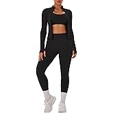 OLCHEE Womens Workout Sets 3 Piece Seamless Long Sleeve Jacket Scrunch Butt Leggings Racerback Sports Bra Yoga Gym Outfits