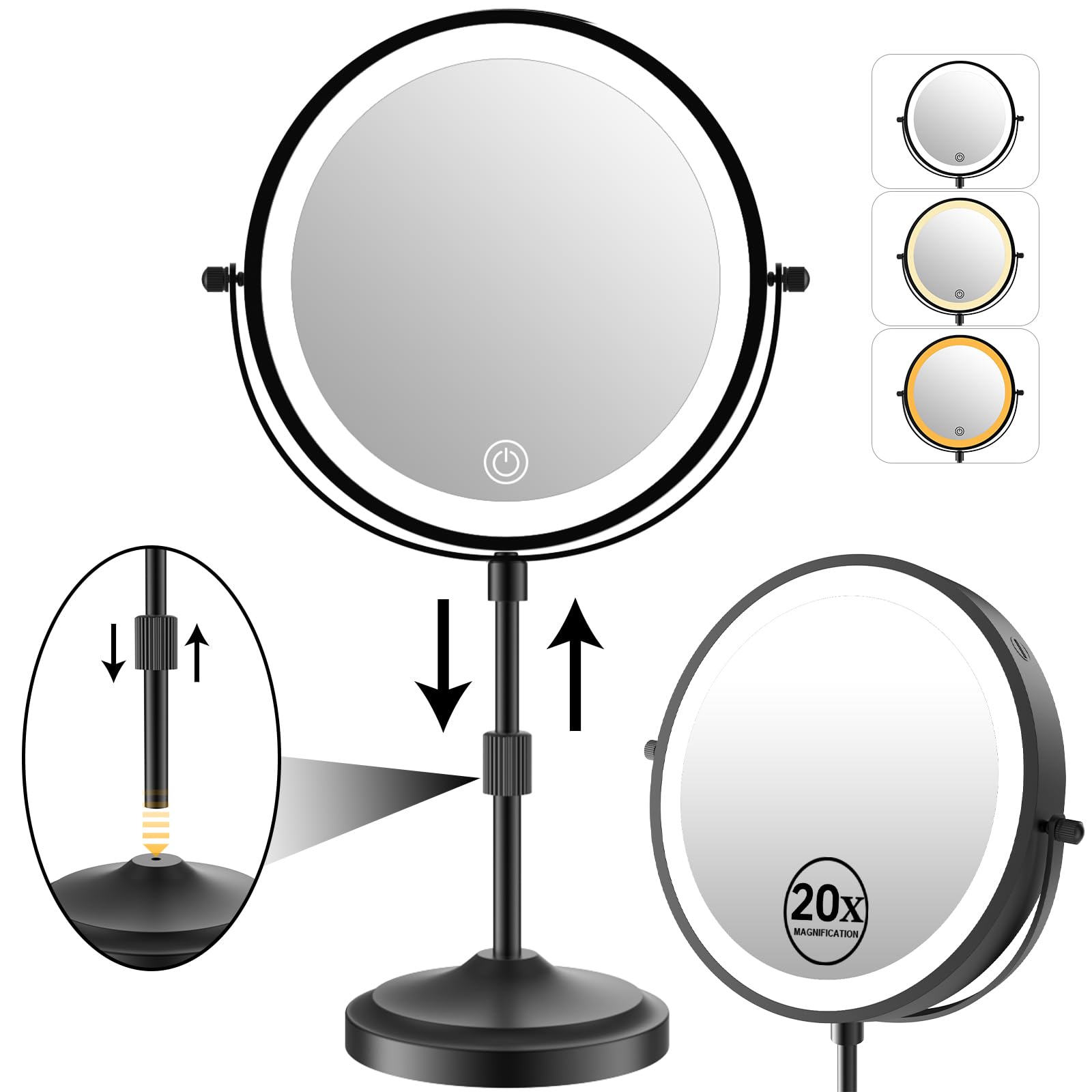 Photo 1 of Erlingeryi 9" Magnifying Mirror with Lights 20X, Height Adjustable Lighted Makeup Mirror with Magnification, 5000mAh Rechargeable Battery, Dimmable, 3 Lighting Colors, Black