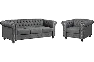 Morden Fort Sofa Set, Couch Set No Sagging, Couch Sets for Living Room 24'' Comfy Seat, Sofa Living Room Furniture Sets Tool-Free Assemble, Chair Sofa Set Pet-Friendly Linen Chesterfield Dark Grey