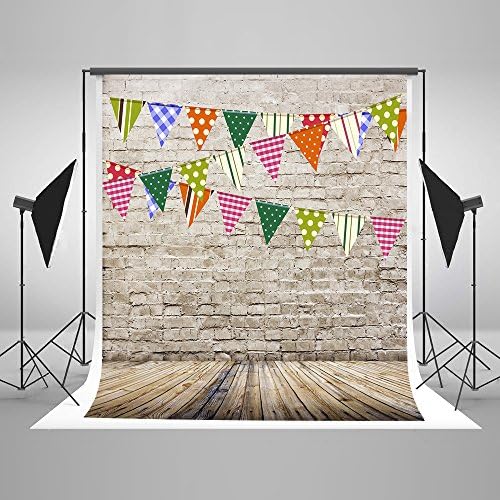 5x7ft White Brick Wall Photography Backdrop Wood Floor Colorful Flag Children Photo Booth Background Props CMS111