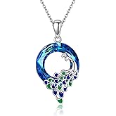 ONEFINITY Peacock Necklace 925 Sterling Silver Peacock Feather Crystal Pendant Necklace Bird Animal Teal Jewelry Mothers Gifts for Women Mom Grandma Peacock Lover