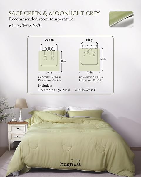 HUGNEST COMFORTER SET QUEEN SIZE SAGE GREEN – LUXURY SOFT TENCEL COTTON BED SET, BREATHABLE LIGHTWEIGHT COMFORTERS FOR ALL SEASONS, 3 PIECES, 1 COMFORTER (90″X90″) AND 2 PILLOW CASES (20″X30″)
