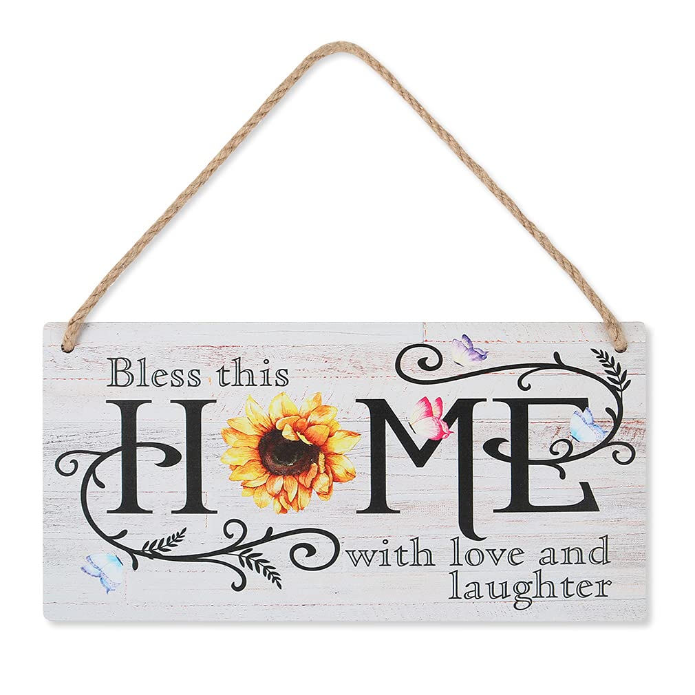 CHDITB New Home Gifts Sunflower Rustic Wooden New House Plaque Sign Bless This Home With Love And Laughter Inspirational Saying Wooden Door Decor(11"x 6") Housewarming Gifts Living Room Decorations