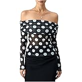 MakeMeChic Women's Polka Dots Top Mesh Off The Shoulder Blouses Ruched Long Sleeve Blouse Top