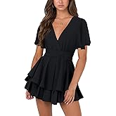 Nova In Sky Womens Sexy Deep V Neck Short Sleeve Tie Waist Ruffle Hem Flowy Swing Mini Short Wrap Dress