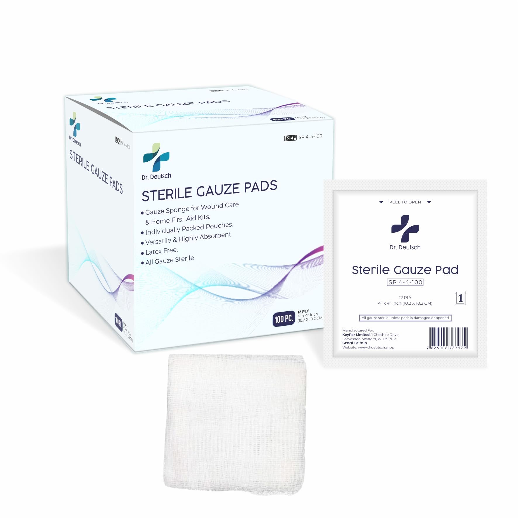DR. DEUTSCH Sterile Gauze Pads 4’’x 4’’ (10 x 10 CM) for Wound Dressing Pack of 100 Individually Packed Pouches, 12-Ply Cotton & Highly Absorbent, Sponge-Pads Care Home First Aid Kits