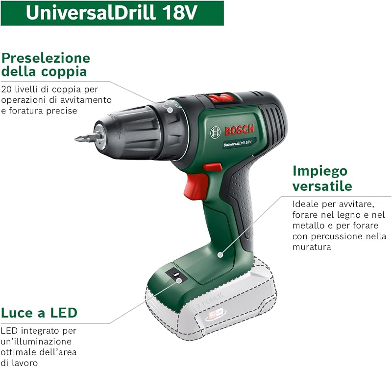Home and Garden 06039D4002 Bosch Trapano a Batteria UniversalDrill (2 Batterie, In Valigetta), Verde-Nero, 38.1 x 28.9 x 10 cm, sistema da 18 Volt