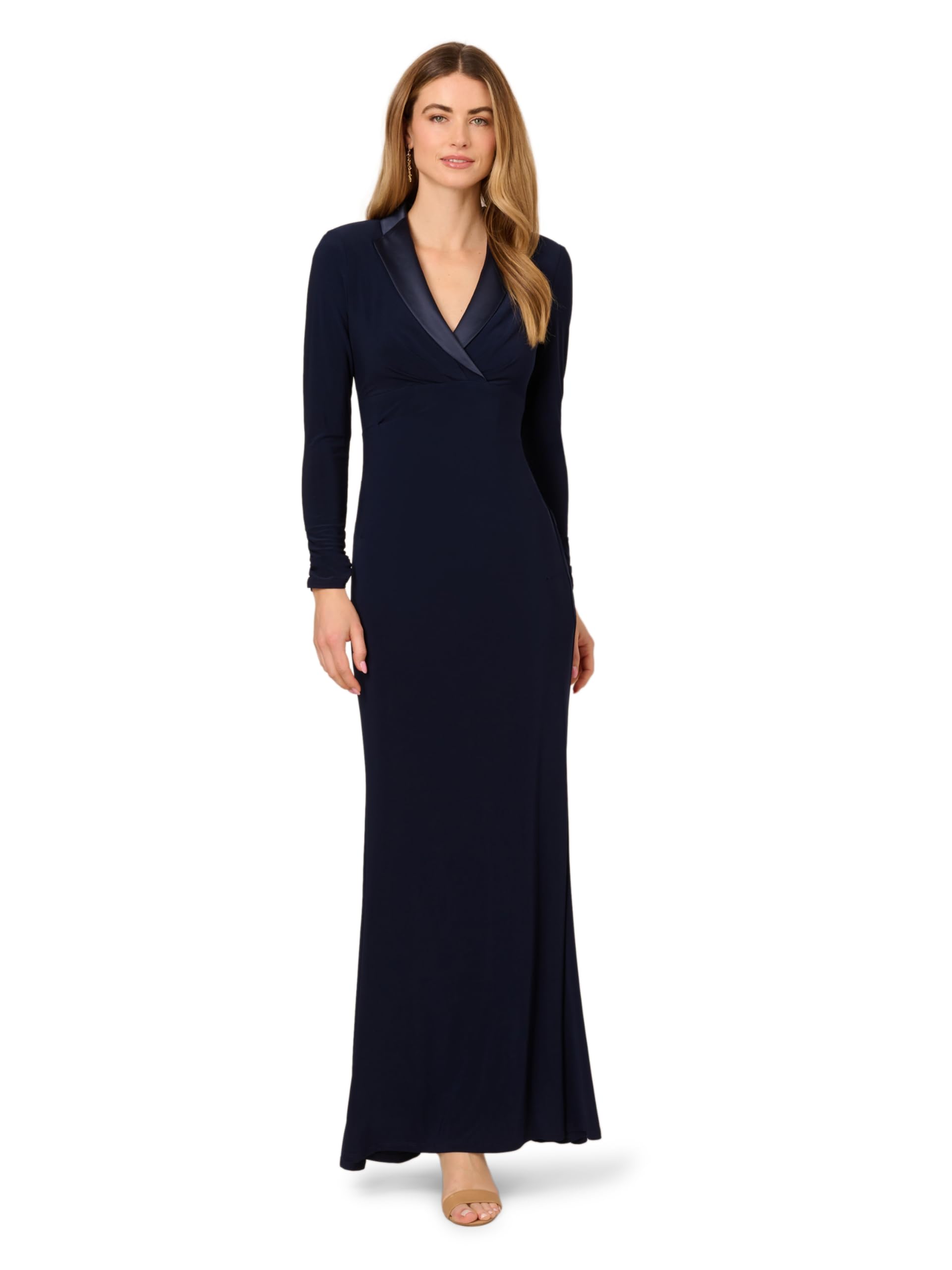 Photo 1 of Adrianna Papell Women's Long Tuxedo Dress | Floor Length Blazer Dress with Mermaid Skirt, Satin Collar & Seamless Bodice, Midnight, 6