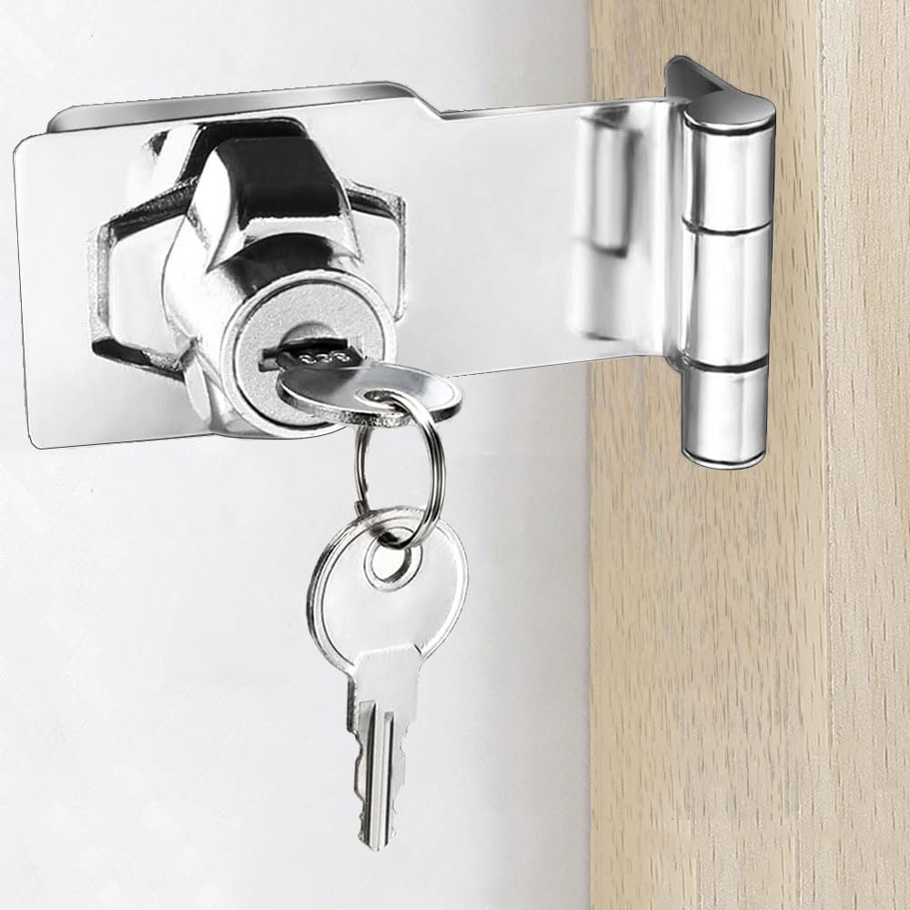 Litensh Keyed Hasp Lock Right Angle 90 Degrees Lock Hasp Twist Knob Keyed Locking Hasp Shed Locks Door Clasp Door Bolt Latch Buckle Hasp with Padlock Keys for Cupboard (Silver Right Angle 4 Inch)