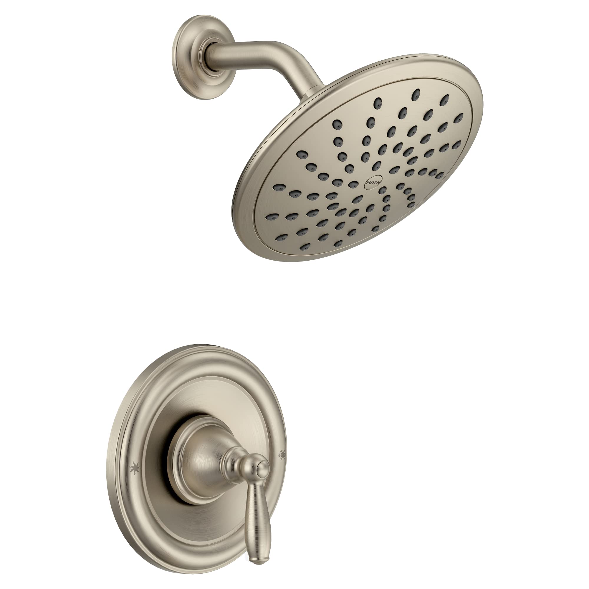 Photo 1 of Moen Brantford Brushed Nickel Posi-Temp Shower Trim Kit with 8-Inch Eco-Performance Rainshower and Traditional Handle, Valve Required, T2252EPBN