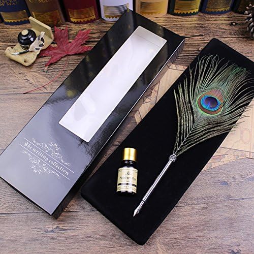 Peacock Feather Pen,Quill Dip Pen Ink Set Stainless Steel Handle with Gift Box
