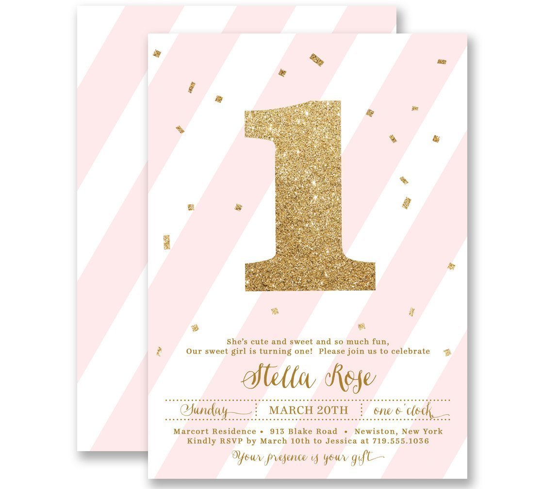 Girls 1st Birthday Invitations Blush Pink Striped Gold Glitter Look Any Age Personalized Boutique Invites With Envelopes Stella Style