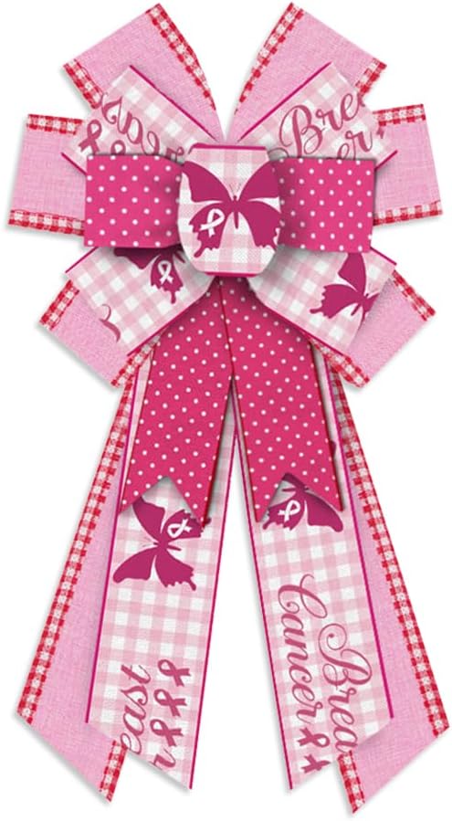 Bows & Ribbons - Estivaux Large Breast Cancer Awareness Bows for Wreath, Breast Cancer Awareness Cheer Wreath Bows Pink White Buffalo Plaid Bow Holiday Farmhouse Craft Bows for Front Door Health Awareness Themed Favor