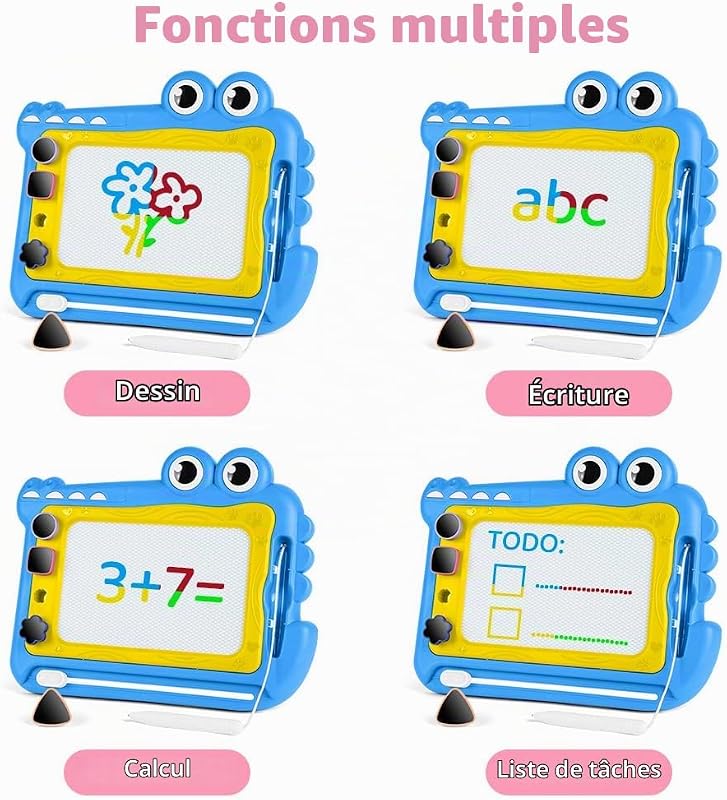 Ardoise Magique Enfant, Jouet Bebe 1-5 Ans Planche à Dessin Magnétique à 4 Couleurs avec Stylo et 4 Tampons, Tableau Magnétique Effaçable Jouet Éducatif pour Filles Garçons, Crocodile Bleu