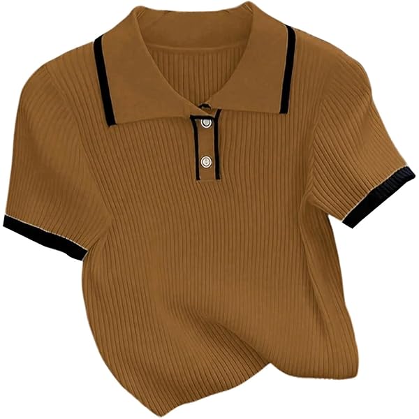 Verdusa Women's Old Money Striped Knit Top - Button Down Short Sleeve Collared Sweater Tee