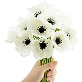 Artificial White Flower, 24 PCS Black and White Flowers, 11 Inch Silk Anemone Flower, Stems PU Real Touch Fake Flowers in White with Black Center for Wedding Memorial Day Centerpiece Home Kitchen