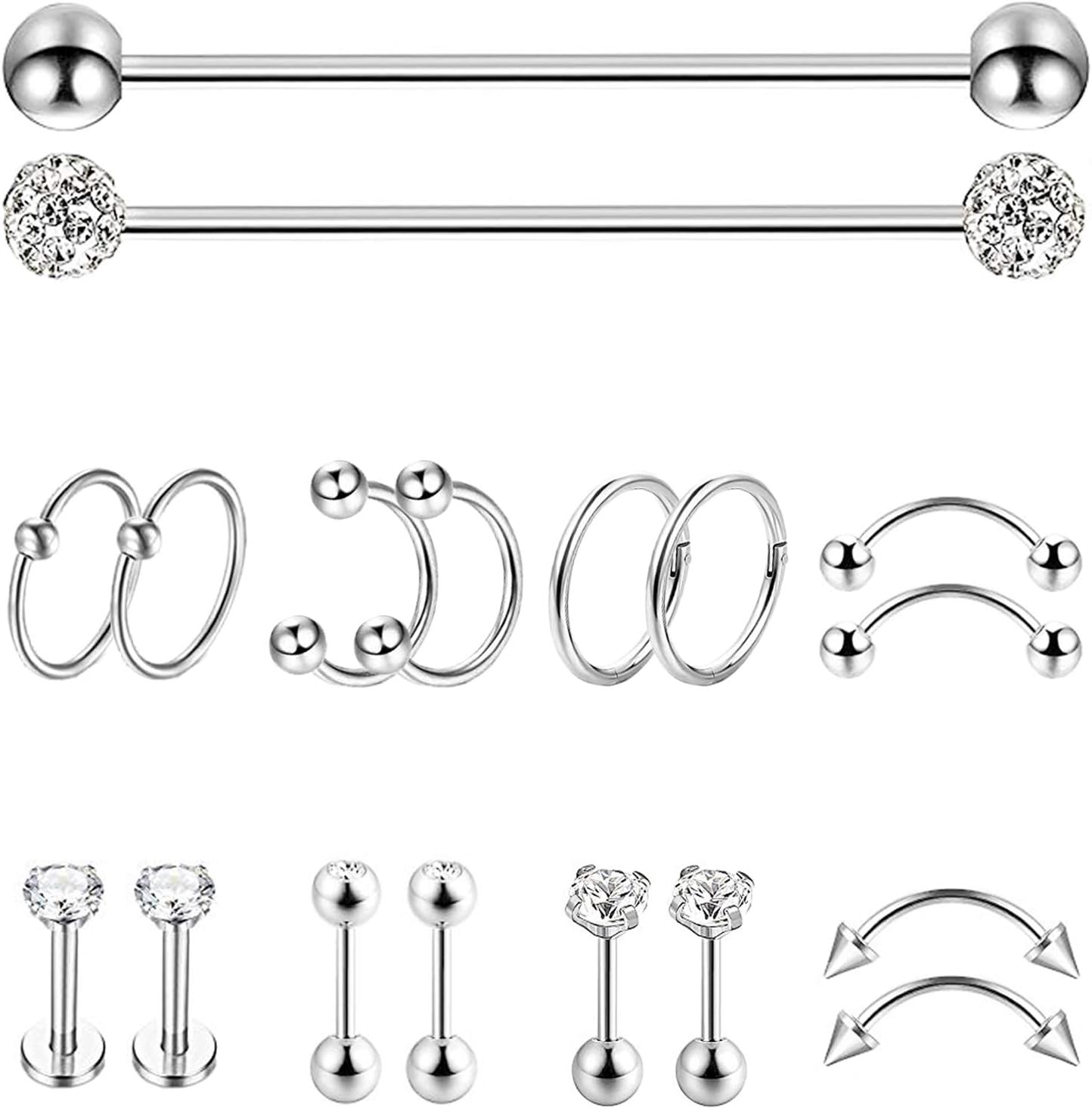 YOVORO 18Pcs Stainless Steel Industrial Barbell Cartilage Stud Earrings for Women Men Nose Septum Piercing Rings Tragus Ear Eyebrow Body Piercing Jewelry