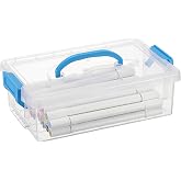BTSKY 1-Pack Clear Plastic Storage Box with Lid, Stackable Organizer Featuring Easy-Lift Dolphin Design, Multi-Use Portable Container for Home, Craft, Office, Space-Saving with Blue Buckle