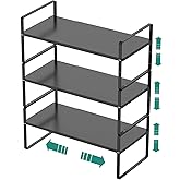 SUZLON Expandable Cabinet Shelf Organizer Rack, Stackable Kitchen Counter Storage Shelves Stand, Adjustable Height Pantry Shelf Spice Rack, Heavy Duty Nonslip Black Small 3Pack