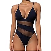 SHENHE Women's One Piece Swimsuit Tummy Control Mesh V Neck Sexy Slimming Bathing Suit