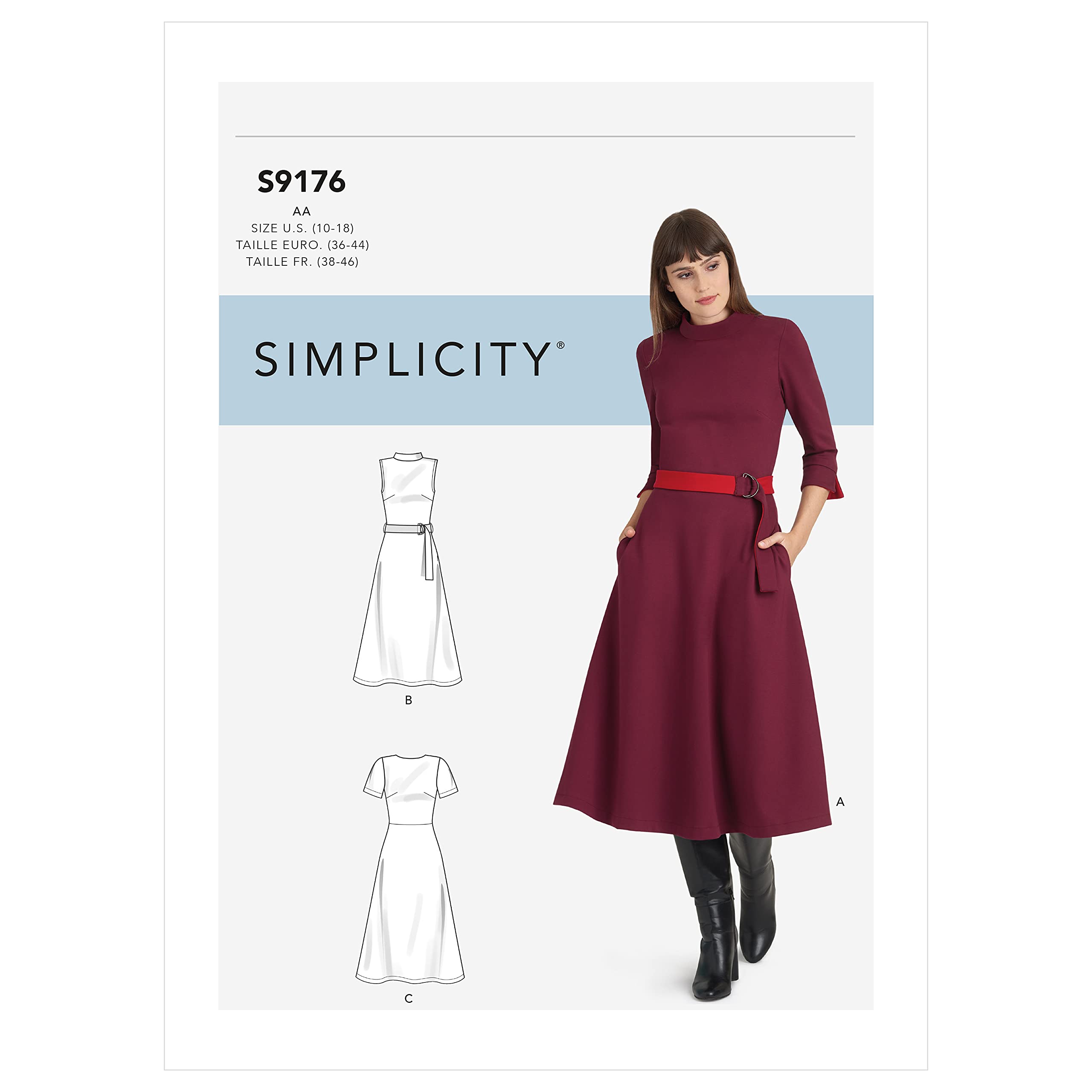 Simplicity SS9176BB BB (20W-22W-24W-26W-28W) Misses' & Women's fit & Flare Dresses with Sleeve & Neckline Variations & Reversible Belt