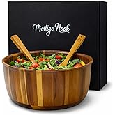 PRESTIGE NOOK Extra Large Wooden Salad Bowl - 12“ x 5” Acacia Wood Serving bowl with 2 servers, Large Fruit bowl for food with serving utensils, Housewarming Wedding Christmas Gift