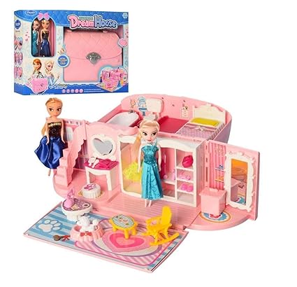 IndusBay Frozen Dream House Handbag Dollhouse Toy Castle Bedroom Series Doll House Toy Set with Frozen Sister Dolls