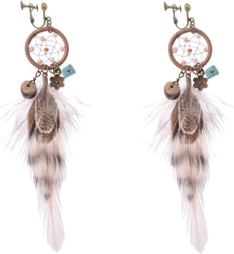 Dangle Clip on Earring Punk Vintage Long Tassel Feather Beads Drop Dream Flower Pendant Hook Women Girl