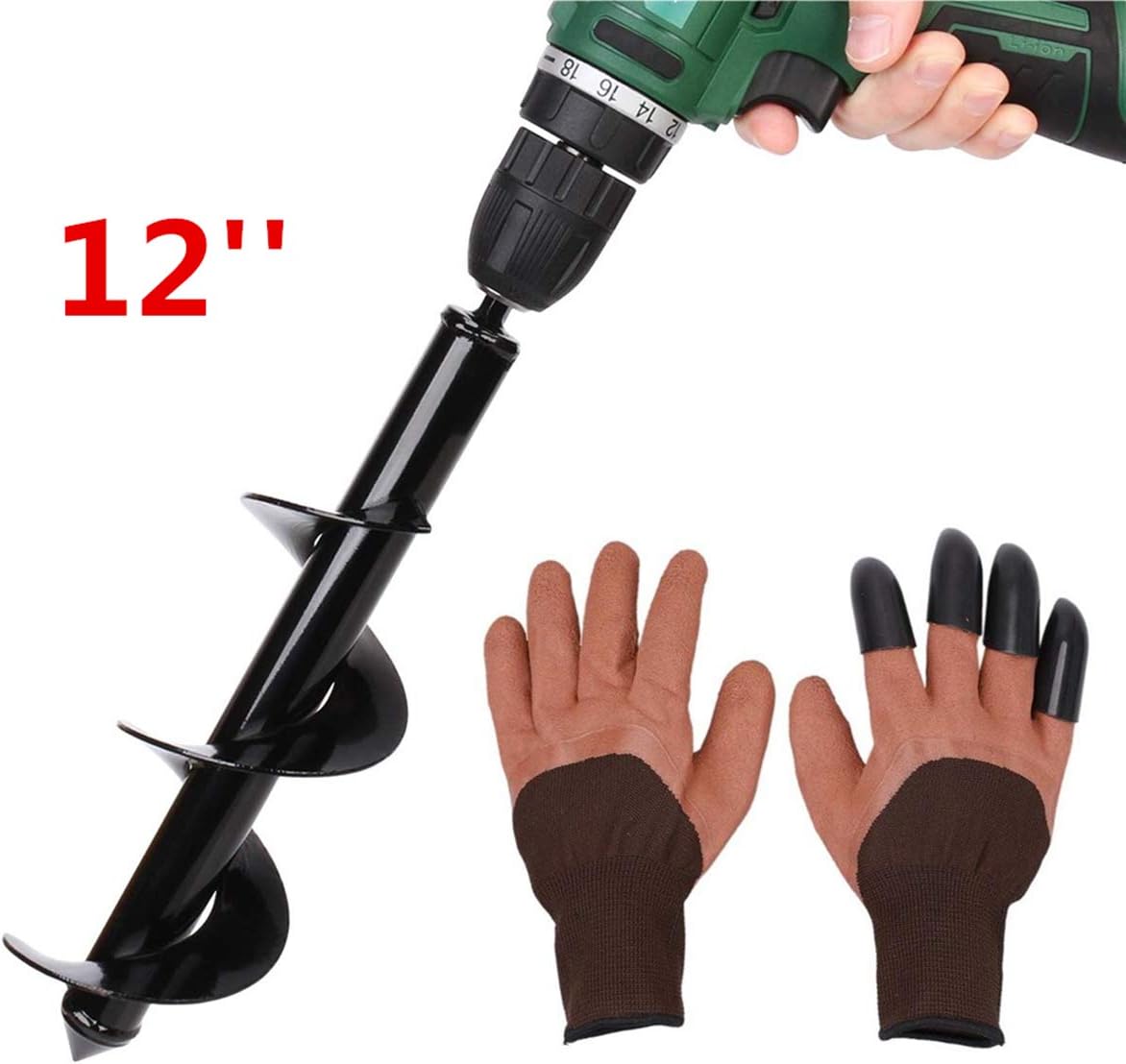 Auger Drill Bit, Non-Slip -3" x 12" Garden Plant Flower Bulb HEX Shaft, Earth Auger Bit, Post or Umbrella Hole Digger for 3/8" Hex Drive Drill with Garden Gloves