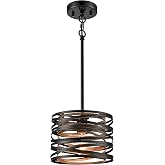 SHAWNKEY Industrial 1-Light Black Pendant Light with Wood Grain Finish | Farmhouse Adjustable Height Chandelier for Living Room Dining Room Foyer Kitchen Bedroom