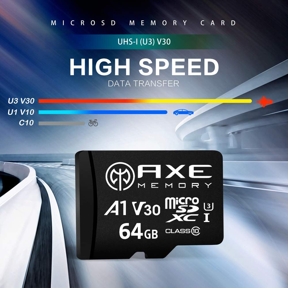 AXE MEMORY 64GB Micro SD Card 4K Ultra Full HD Video High Speed MicroSDXC Up to 95MB/S A1 V30 UHS-I U3, with SD Adapter