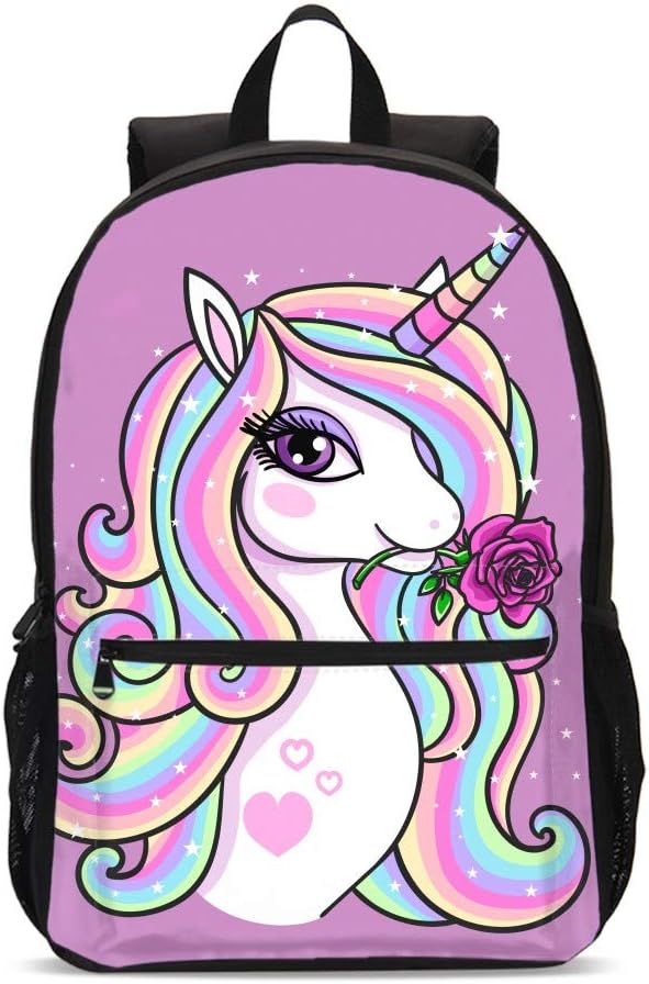 FeHuewGirls Rose Unicorn Backpacks Bookbag Shoulder Bag Laptop Bag for 1-5th Grade