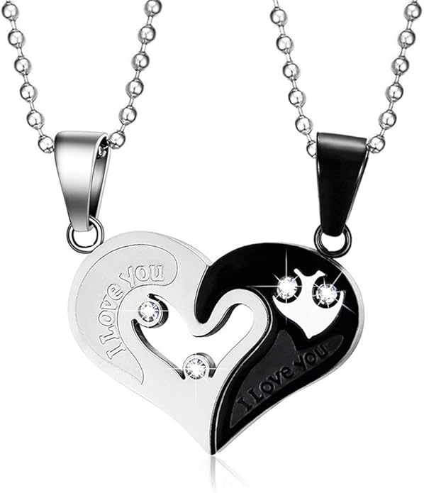 Titanium Steel 2 Half Heart Crystal Pendants Necklace,I Love You Couple Necklace Amazon.ca Jewelry
