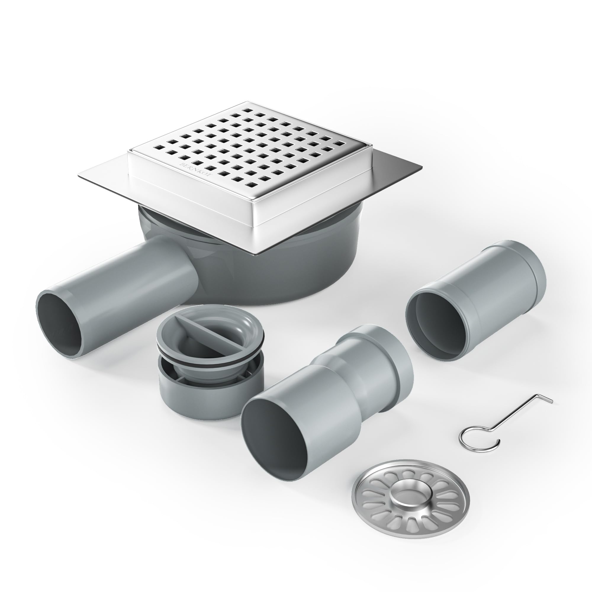 Bernkot Duschrinne Quadrat 10 * 10cm, 360° Siphon mit Geruchsstop und Haarsieb Edelstahl Ablaufrinne Bodenablauf Duschablauf sehr flach DN50 DN40