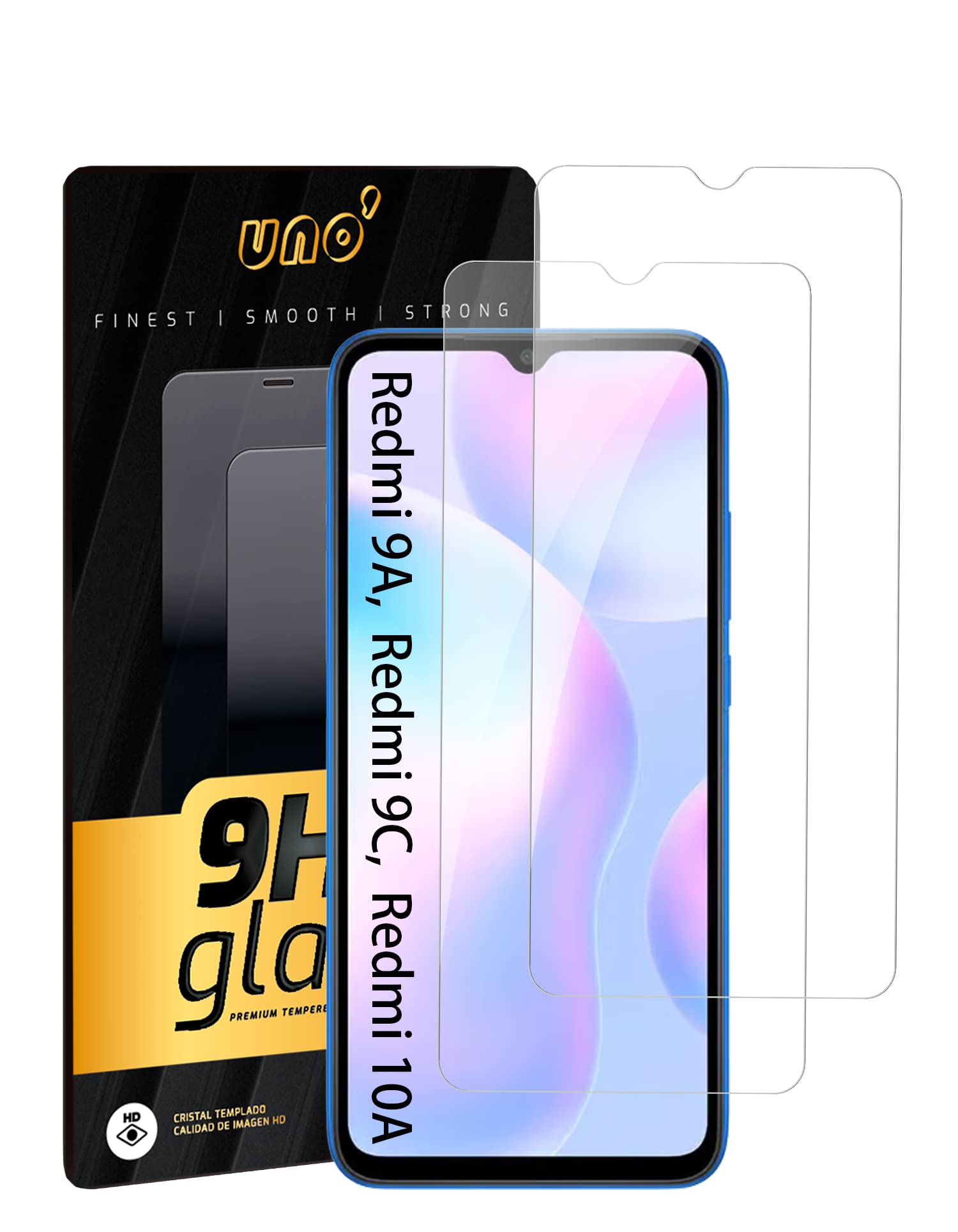 UNO' 2-Pack Tempered Glass Screen Protector Compatible with Xiaomi Redmi 10C and Redmi 10A, Xiaomi Redmi 9A, and Redmi 9C, Ultra Resistant Tempered Glass without Bubbles, 9H, Anti-Scratch.