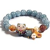 SIXAOAZZ Lucky Cat Bracelet for Women, Feng Shui Wealth Protection Bracelet with Blue Crystal & Ceramic Cat Charm, Adjustable Maneki Neko Good Luck Jewelry Gift