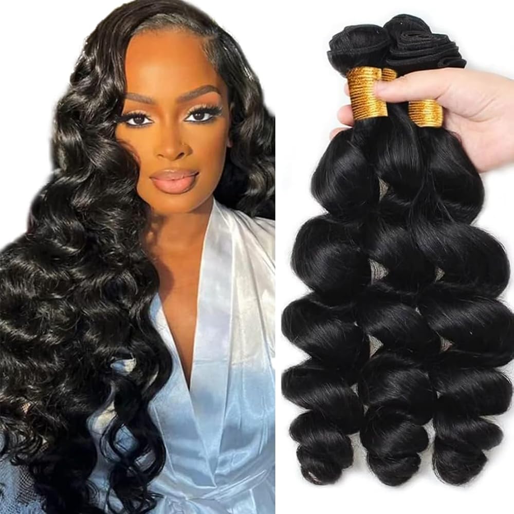 Photo 1 of #1B Human Hair Bundles Loose Deep Wave Bundles 20 22 24 Inch Unprocessed Brazilian Virgin Hair Weave 3 Bundles Natural Color Bundle Human Hair Extensions 50 Grams Per Bundle For Women